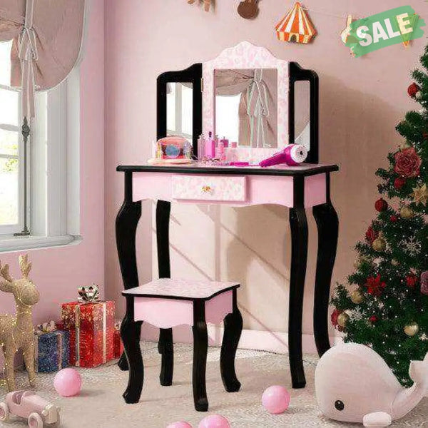 Kid Vanity Set with Tri-Folding Mirror and Leopard Print-Pink Kids Vanities