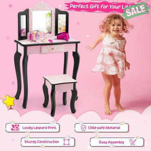 Kid Vanity Set with Tri-Folding Mirror and Leopard Print-Pink Kids Vanities