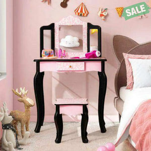 Kid Vanity Set with Tri-Folding Mirror and Leopard Print-Pink Kids Vanities