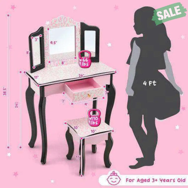 Kid Vanity Set with Tri-Folding Mirror and Leopard Print-Pink Kids Vanities