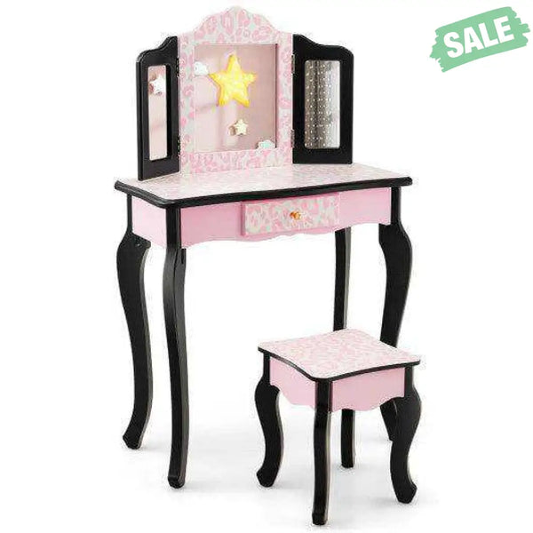 Kid Vanity Set with Tri-Folding Mirror and Leopard Print-Pink Kids Vanities