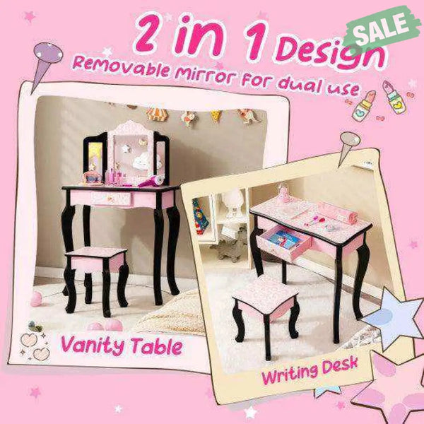 Kid Vanity Set with Tri-Folding Mirror and Leopard Print-Pink Kids Vanities
