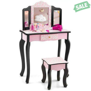 Kid Vanity Set with Tri-Folding Mirror and Leopard Print-Pink Kids Vanities
