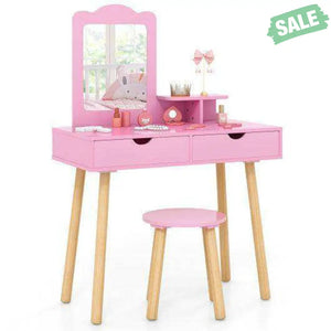 Kid Vanity Table Chair Set with Mirror and 2 Large Storage Drawers-White White Kids Vanities