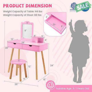 Kid Vanity Table Chair Set with Mirror and 2 Large Storage Drawers-White White Kids Vanities