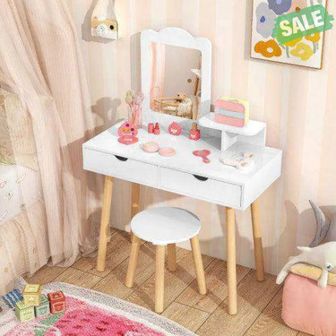 Kid Vanity Table Chair Set with Mirror and 2 Large Storage Drawers-White White Kids Vanities