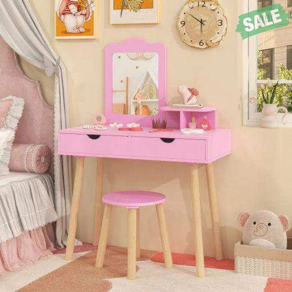 Kid Vanity Table Chair Set with Mirror and 2 Large Storage Drawers-White White Kids Vanities