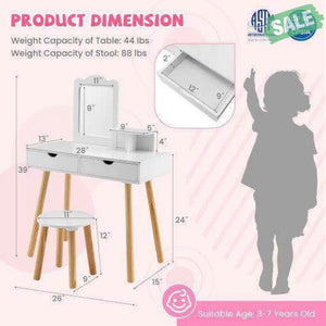 Kid Vanity Table Chair Set with Mirror and 2 Large Storage Drawers-White White Kids Vanities
