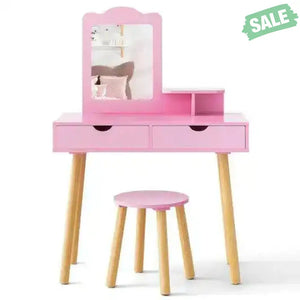 Kid Vanity Table Chair Set with Mirror and 2 Large Storage Drawers-White White Kids Vanities