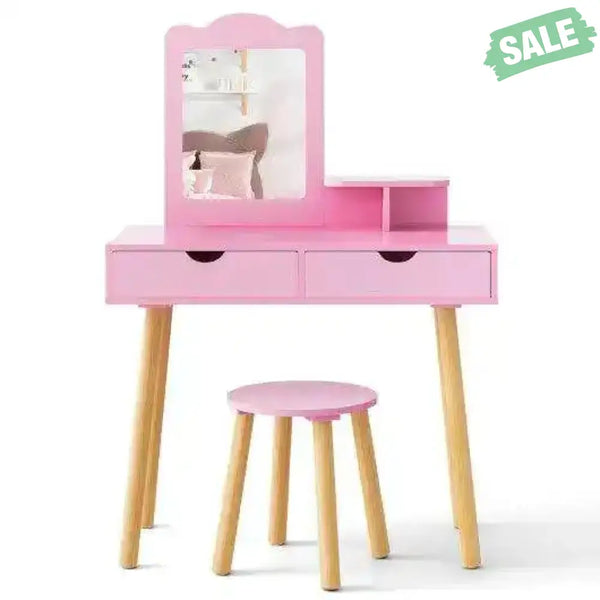 Kid Vanity Table Chair Set with Mirror and 2 Large Storage Drawers-White White Kids Vanities