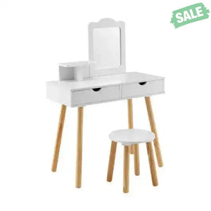 Kid Vanity Table Chair Set with Mirror and 2 Large Storage Drawers-White White Kids Vanities