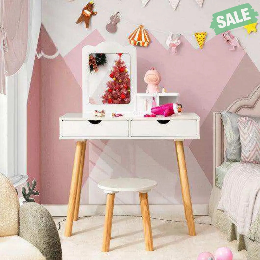 Kid Vanity Table Chair Set with Mirror and 2 Large Storage Drawers-White White Kids Vanities
