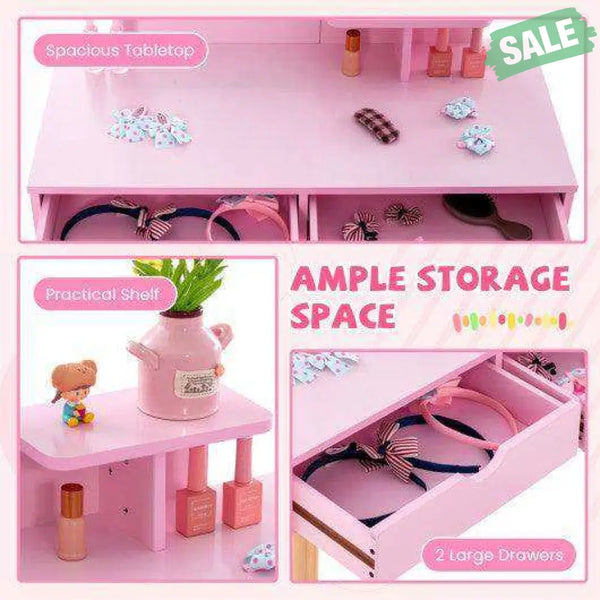 Kid Vanity Table Chair Set with Mirror and 2 Large Storage Drawers-White White Kids Vanities