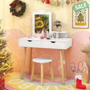 Kid Vanity Table Chair Set with Mirror and 2 Large Storage Drawers-White White Kids Vanities