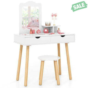 Kid Vanity Table Chair Set with Mirror and 2 Large Storage Drawers-White White Kids Vanities