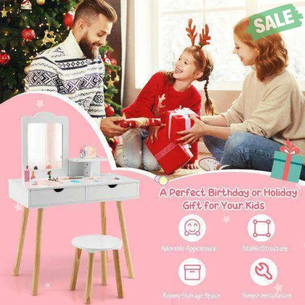 Kid Vanity Table Chair Set with Mirror and 2 Large Storage Drawers-White White Kids Vanities