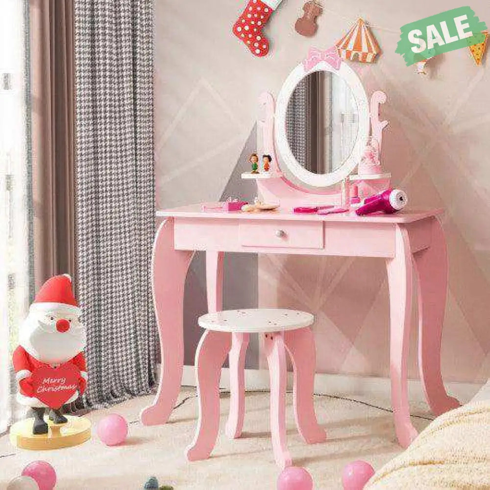 Kid Vanity Table Stool Set with Oval Rotatable Mirror-Pink Kids Vanities