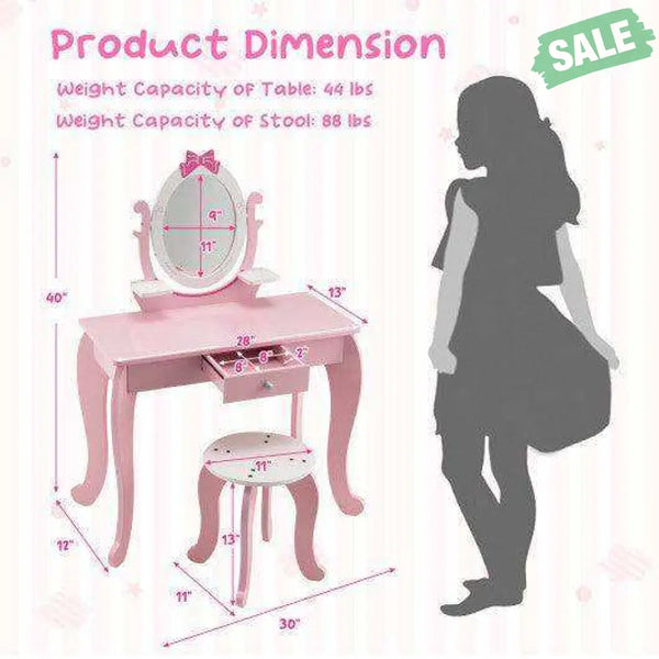 Kid Vanity Table Stool Set with Oval Rotatable Mirror-Pink Kids Vanities