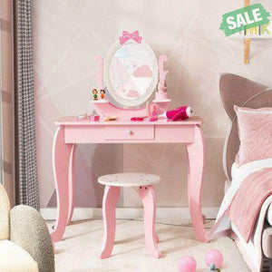 Kid Vanity Table Stool Set with Oval Rotatable Mirror-Pink Kids Vanities