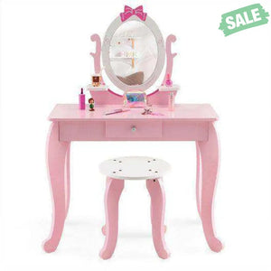 Kid Vanity Table Stool Set with Oval Rotatable Mirror-Pink Kids Vanities