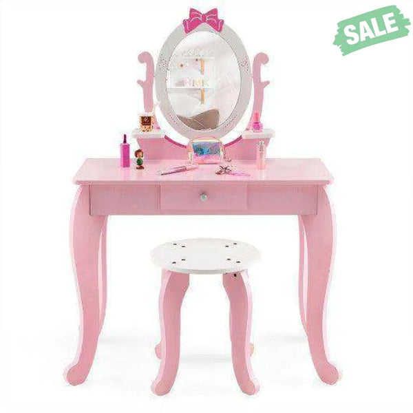 Kid Vanity Table Stool Set with Oval Rotatable Mirror-Pink Kids Vanities