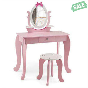 Kid Vanity Table Stool Set with Oval Rotatable Mirror-Pink Kids Vanities