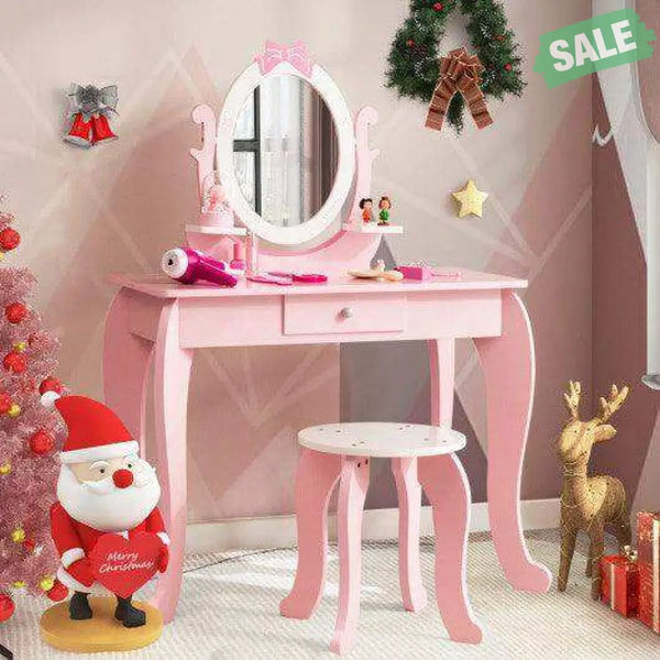 Kid Vanity Table Stool Set with Oval Rotatable Mirror-Pink Kids Vanities