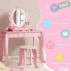 Kid Vanity Table Stool Set with Oval Rotatable Mirror-Pink Kids Vanities