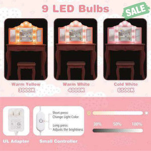 Kid Vanity Table Stool Set with Tri-Folding Mirror and 3-Color LED Lights-Pink Pink Kids Vanities