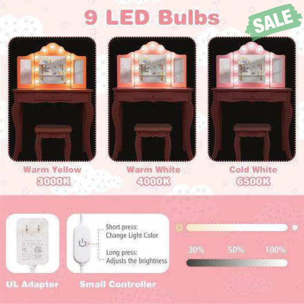 Kid Vanity Table Stool Set with Tri-Folding Mirror and 3-Color LED Lights-Pink Pink Kids Vanities