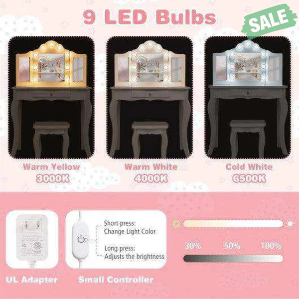 Kid Vanity Table Stool Set with Tri-Folding Mirror and 3-Color LED Lights-Pink Pink Kids Vanities