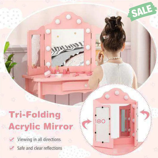 Kid Vanity Table Stool Set with Tri-Folding Mirror and 3-Color LED Lights-Pink Pink Kids Vanities