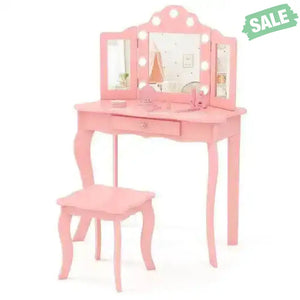 Kid Vanity Table Stool Set with Tri-Folding Mirror and 3-Color LED Lights-Pink Pink Kids Vanities