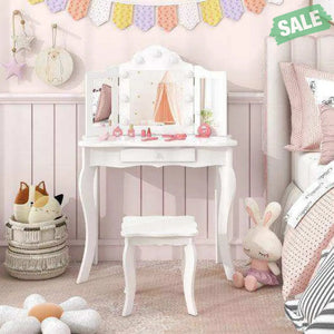 Kid Vanity Table Stool Set with Tri-Folding Mirror and 3-Color LED Lights-Pink Pink Kids Vanities