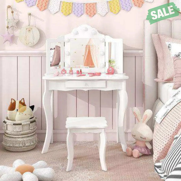 Kid Vanity Table Stool Set with Tri-Folding Mirror and 3-Color LED Lights-Pink Pink Kids Vanities