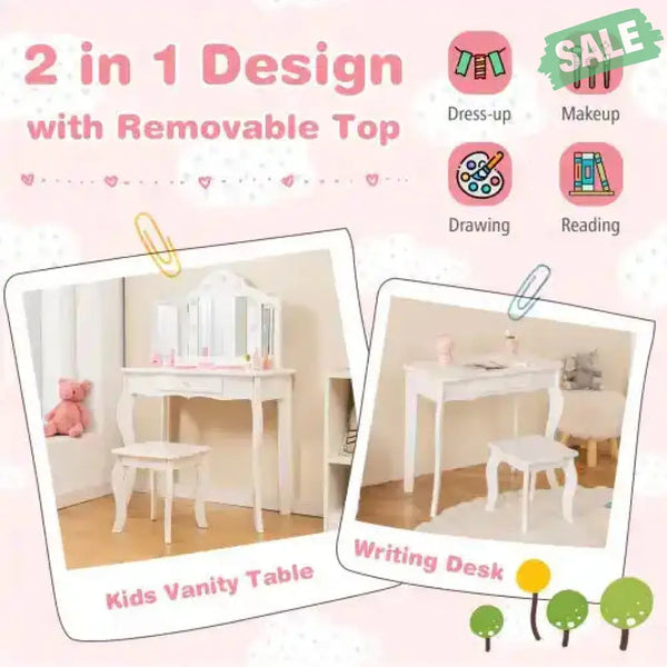 Kid Vanity Table Stool Set with Tri-Folding Mirror and 3-Color LED Lights-Pink Pink Kids Vanities