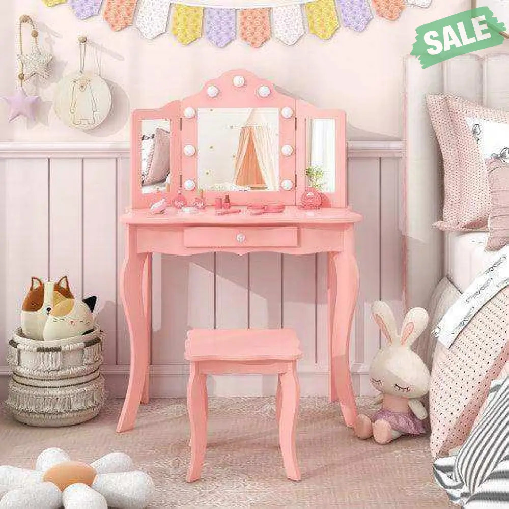 Kid Vanity Table Stool Set with Tri-Folding Mirror and 3-Color LED Lights-Pink Pink Kids Vanities