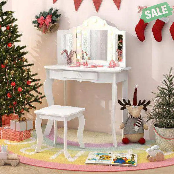 Kid Vanity Table Stool Set with Tri-Folding Mirror and 3-Color LED Lights-Pink Pink Kids Vanities