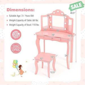 Kid Vanity Table Stool Set with Tri-Folding Mirror and 3-Color LED Lights-Pink Pink Kids Vanities