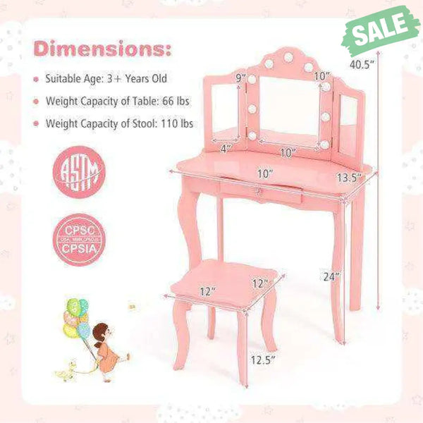 Kid Vanity Table Stool Set with Tri-Folding Mirror and 3-Color LED Lights-Pink Pink Kids Vanities