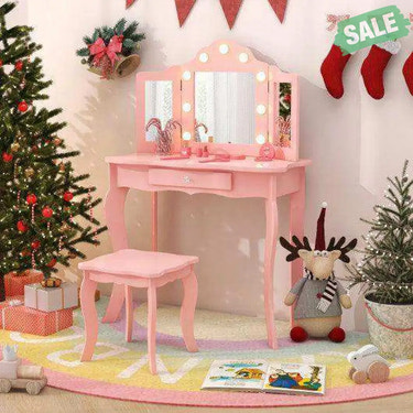 Kid Vanity Table Stool Set with Tri-Folding Mirror and 3-Color LED Lights-Pink Pink Kids Vanities