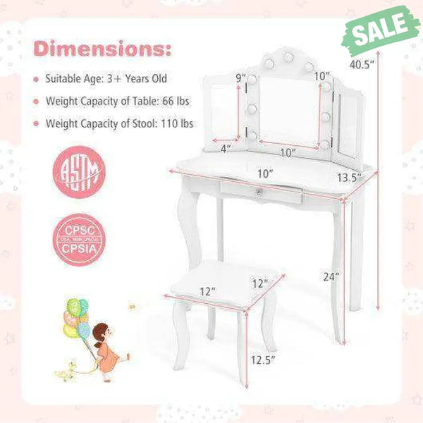 Kid Vanity Table Stool Set with Tri-Folding Mirror and 3-Color LED Lights-Pink Pink Kids Vanities