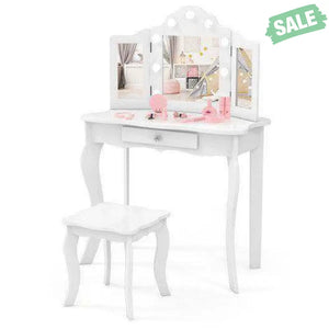 Kid Vanity Table Stool Set with Tri-Folding Mirror and 3-Color LED Lights-Pink Pink Kids Vanities