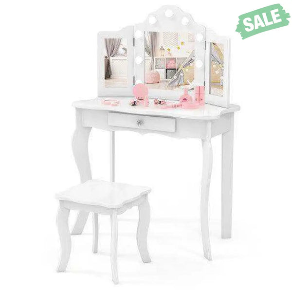 Kid Vanity Table Stool Set with Tri-Folding Mirror and 3-Color LED Lights-Pink Pink Kids Vanities