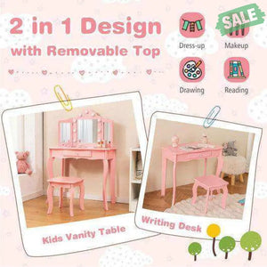 Kid Vanity Table Stool Set with Tri-Folding Mirror and 3-Color LED Lights-Pink Pink Kids Vanities