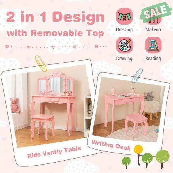 Kid Vanity Table Stool Set with Tri-Folding Mirror and 3-Color LED Lights-Pink Pink Kids Vanities