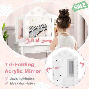 Kid Vanity Table Stool Set with Tri-Folding Mirror and 3-Color LED Lights-Pink Pink Kids Vanities