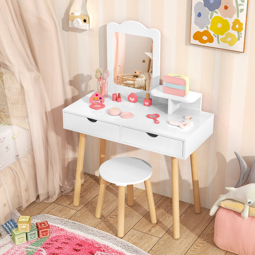 Kid Vanity Table Chair Set with Mirror and 2 Large Storage Drawers for kids' playroom or bedroom.