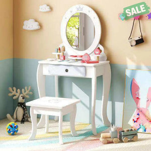 Kids 2-in-1 Princess Makeup Table and Chair Set with Removable Mirror-White Kids Vanities
