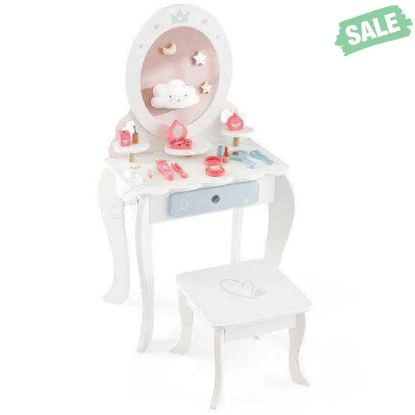 Kids 2-in-1 Princess Makeup Table and Chair Set with Removable Mirror-White Kids Vanities